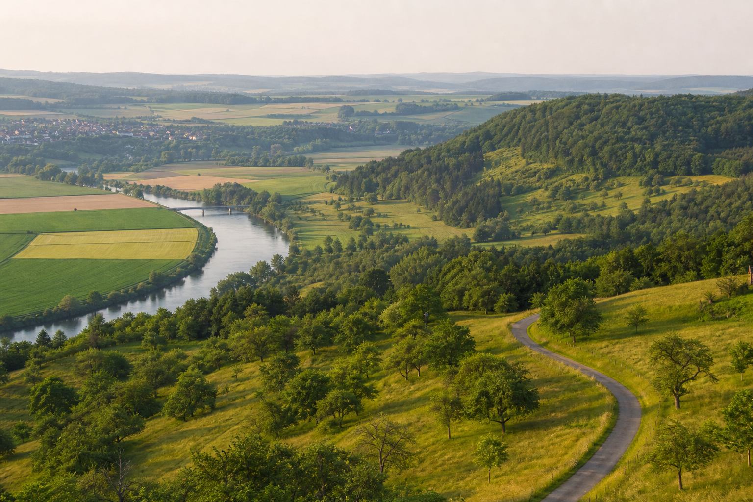 Weg zwischen Obstgärten und Flusstal in Franken